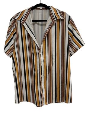 Men's Short Sleeve Striped Button-Up Shirt – Mustard/Brown/Black Size XL